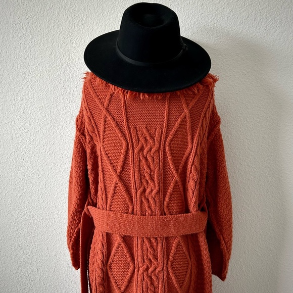 POL FRINGE & FRAYED BURNT SAHARA OVERSIZED BOHEMIAN CHUNKY TRENCH CARDIGAN - Picture 4 of 5